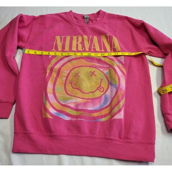 Nirvana Graphic Sweatshirt Unisex Small Pink Smiley Face Tie Dye Logo - Picture 5 of 12